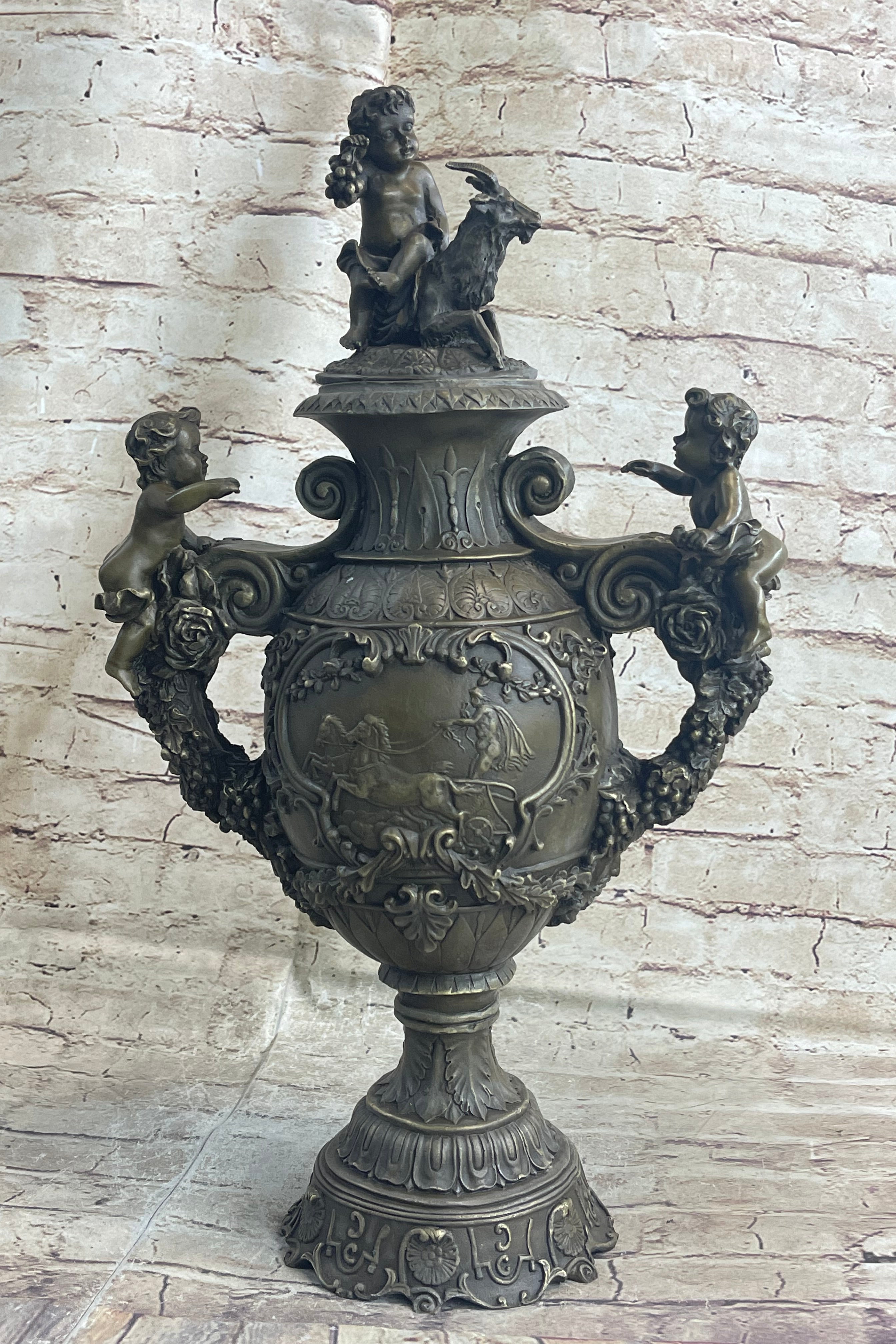 Neoclassical Bronze Urn Sculpture Cherubim Chariot Grapes 20" x 12"