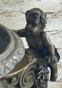 Neoclassical Bronze Urn Sculpture Cherubim Chariot Grapes 20" x 12"