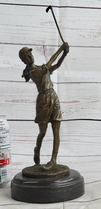 Bronze Vintage Golfer Female Golfing Trophy Marble Figure