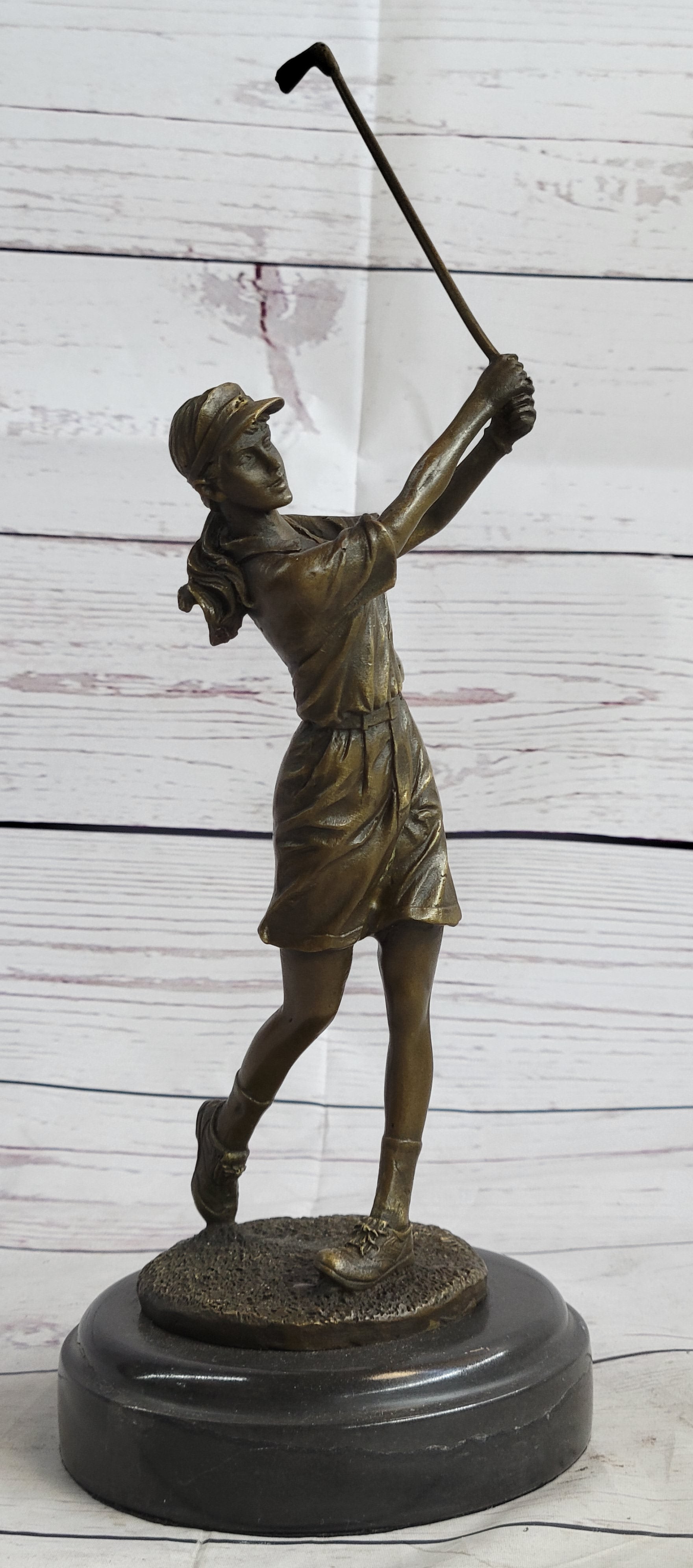 Bronze Vintage Golfer Female Golfing Trophy Marble Figure