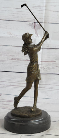 Bronze Vintage Golfer Female Golfing Trophy Marble Figure