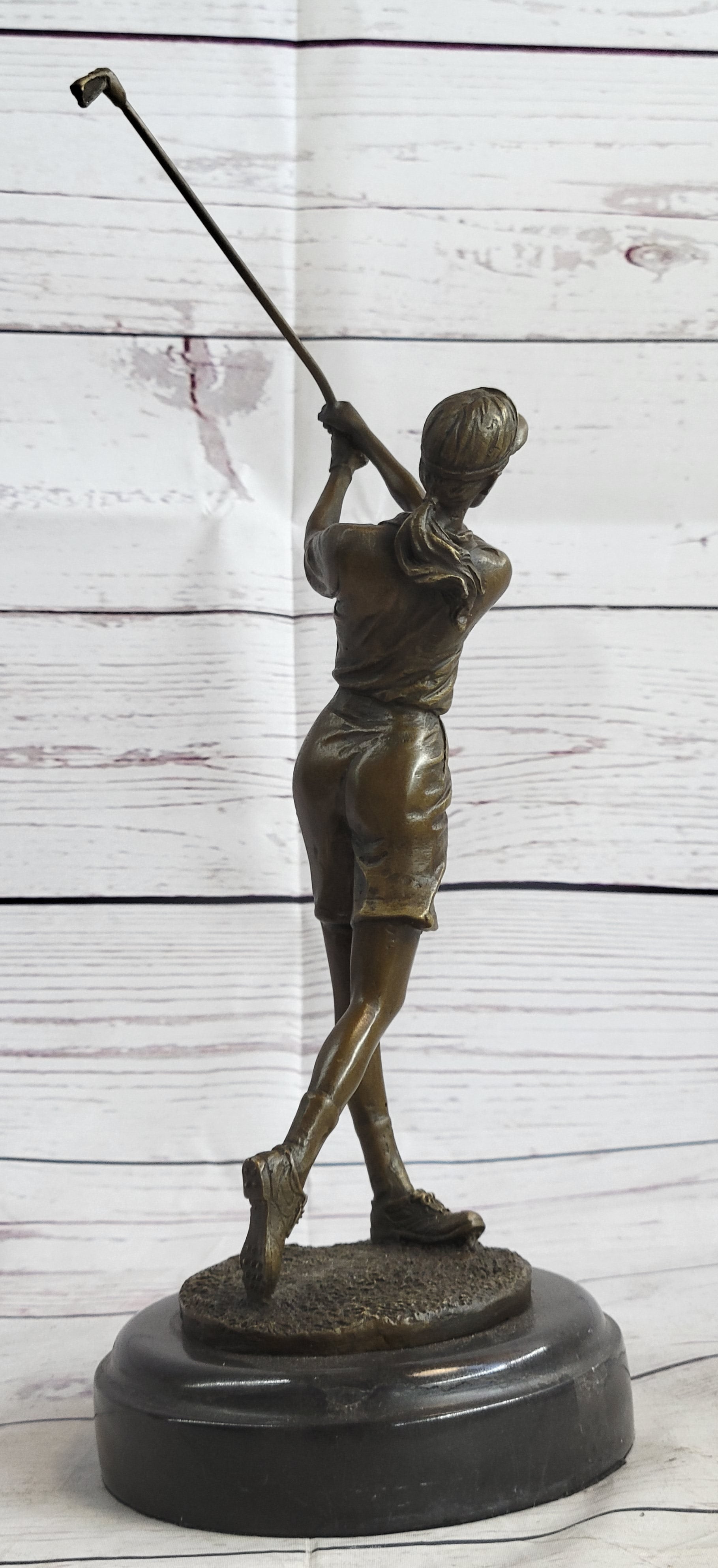 Bronze Vintage Golfer Female Golfing Trophy Marble Figure