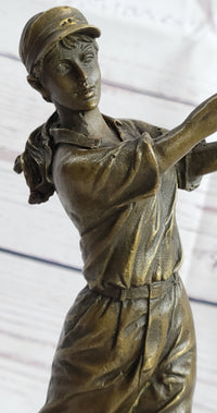 Bronze Vintage Golfer Female Golfing Trophy Marble Figure