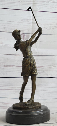 Bronze Vintage Golfer Female Golfing Trophy Marble Figure
