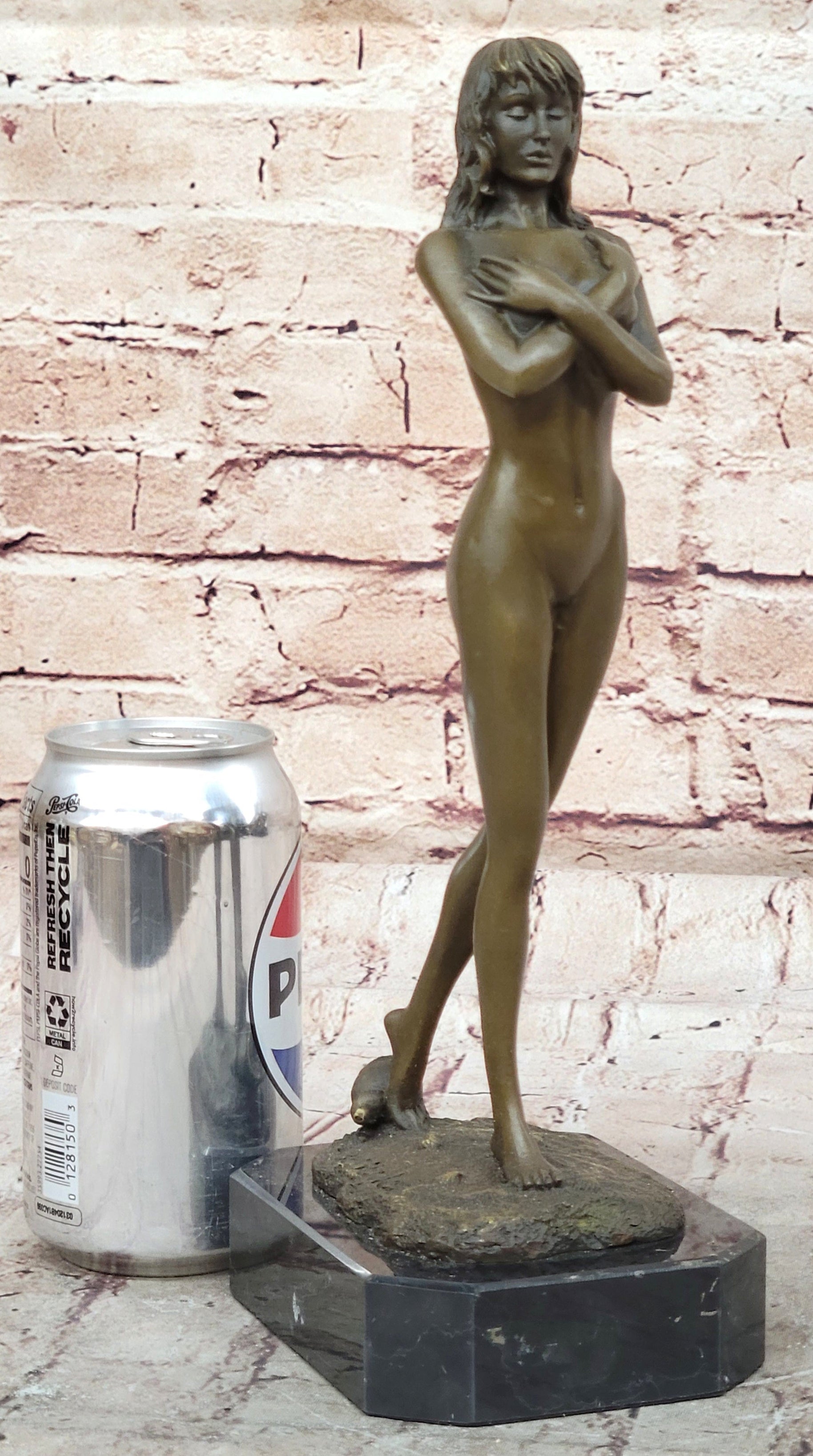 Nude Female Bronze Sculpture - Elegant Minimalist Art Figurine of Woman Embracing Herself