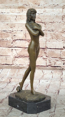 Nude Female Bronze Sculpture - Elegant Minimalist Art Figurine of Woman Embracing Herself