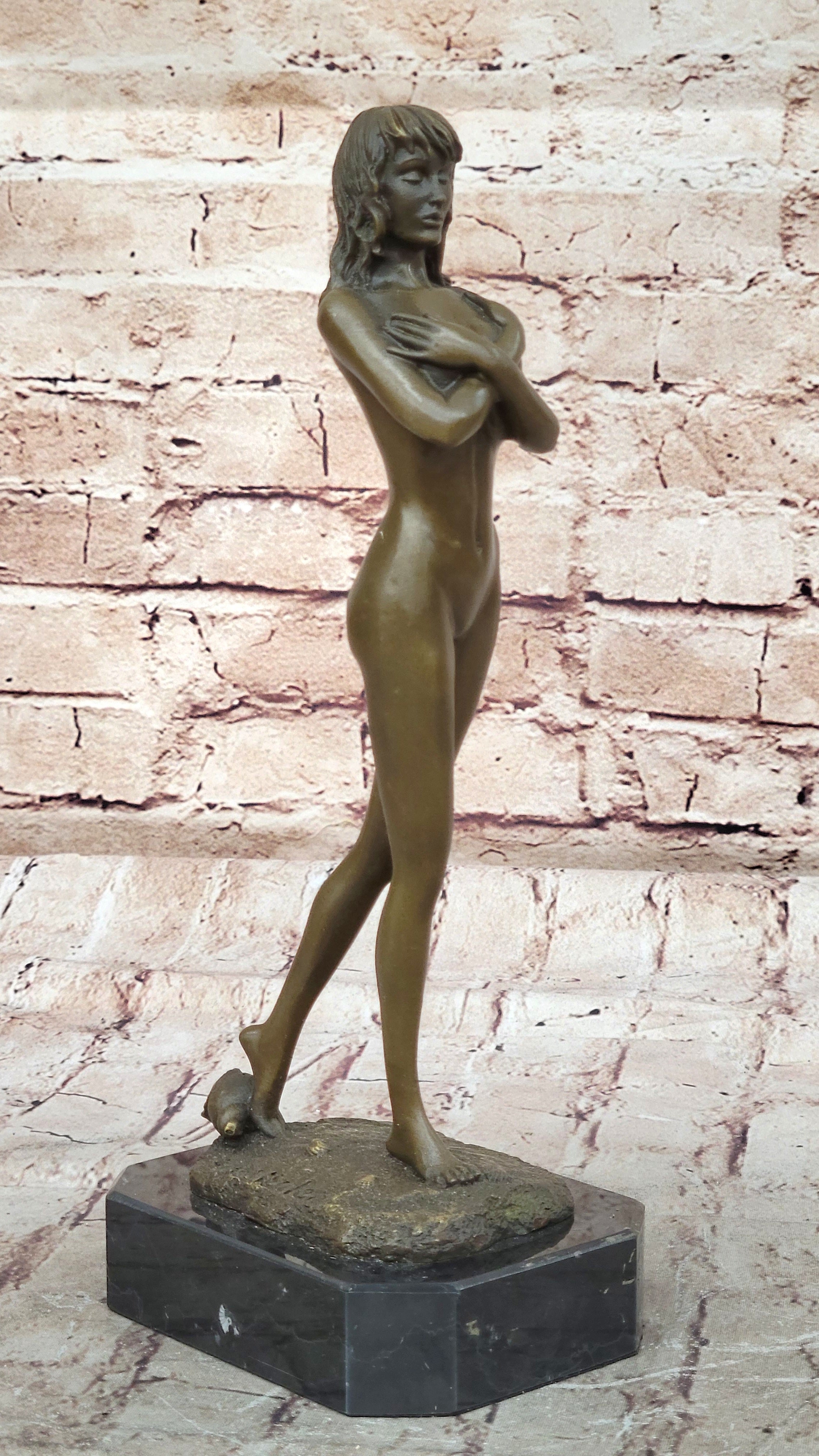 Nude Female Bronze Sculpture - Elegant Minimalist Art Figurine of Woman Embracing Herself