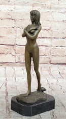 Nude Female Bronze Sculpture - Elegant Minimalist Art Figurine of Woman Embracing Herself