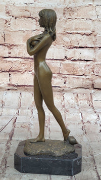 Nude Female Bronze Sculpture - Elegant Minimalist Art Figurine of Woman Embracing Herself