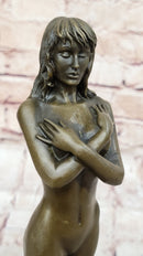 Nude Female Bronze Sculpture - Elegant Minimalist Art Figurine of Woman Embracing Herself