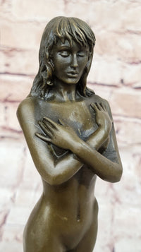 Nude Female Bronze Sculpture - Elegant Minimalist Art Figurine of Woman Embracing Herself