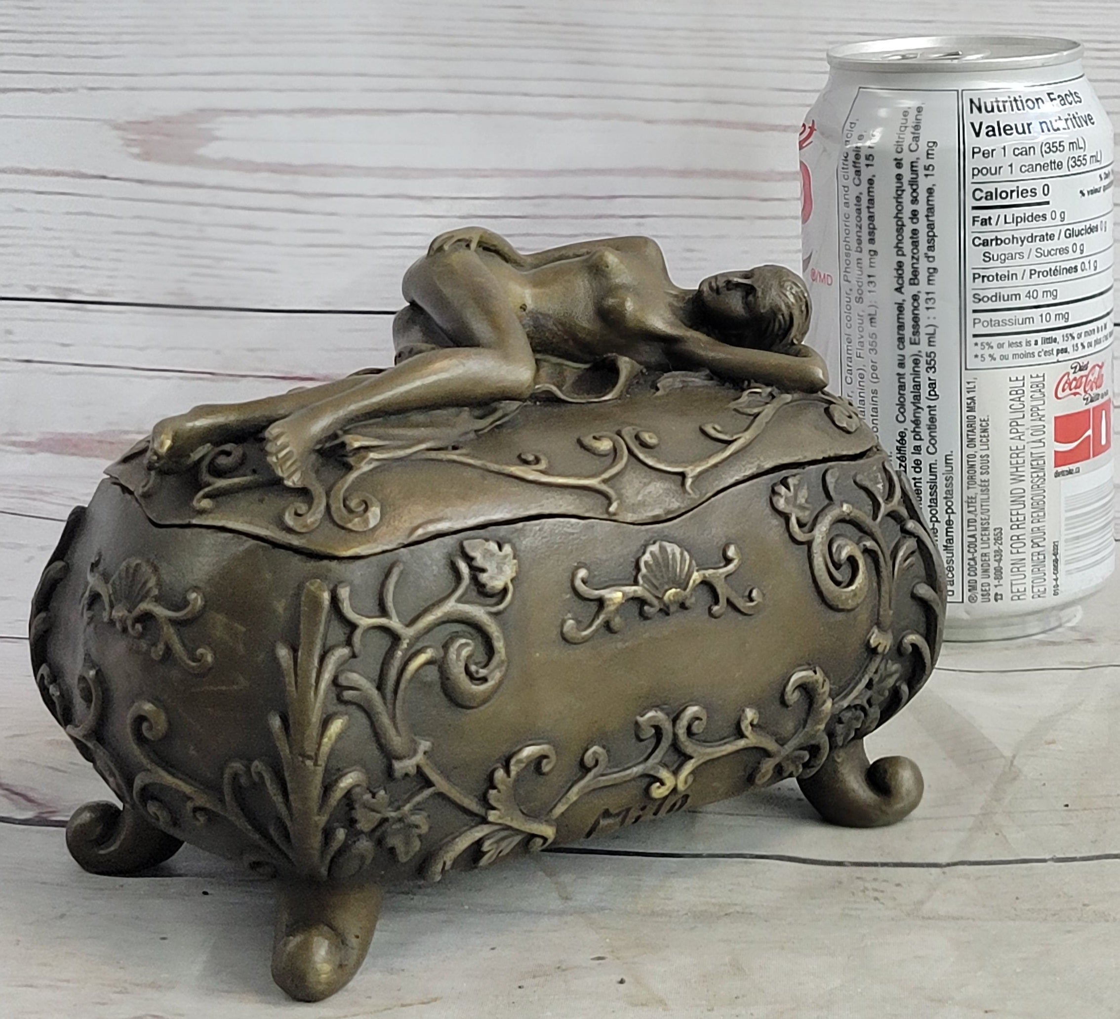 Nude Female Figure on Trinket Jewelry Box Sculpture Signed