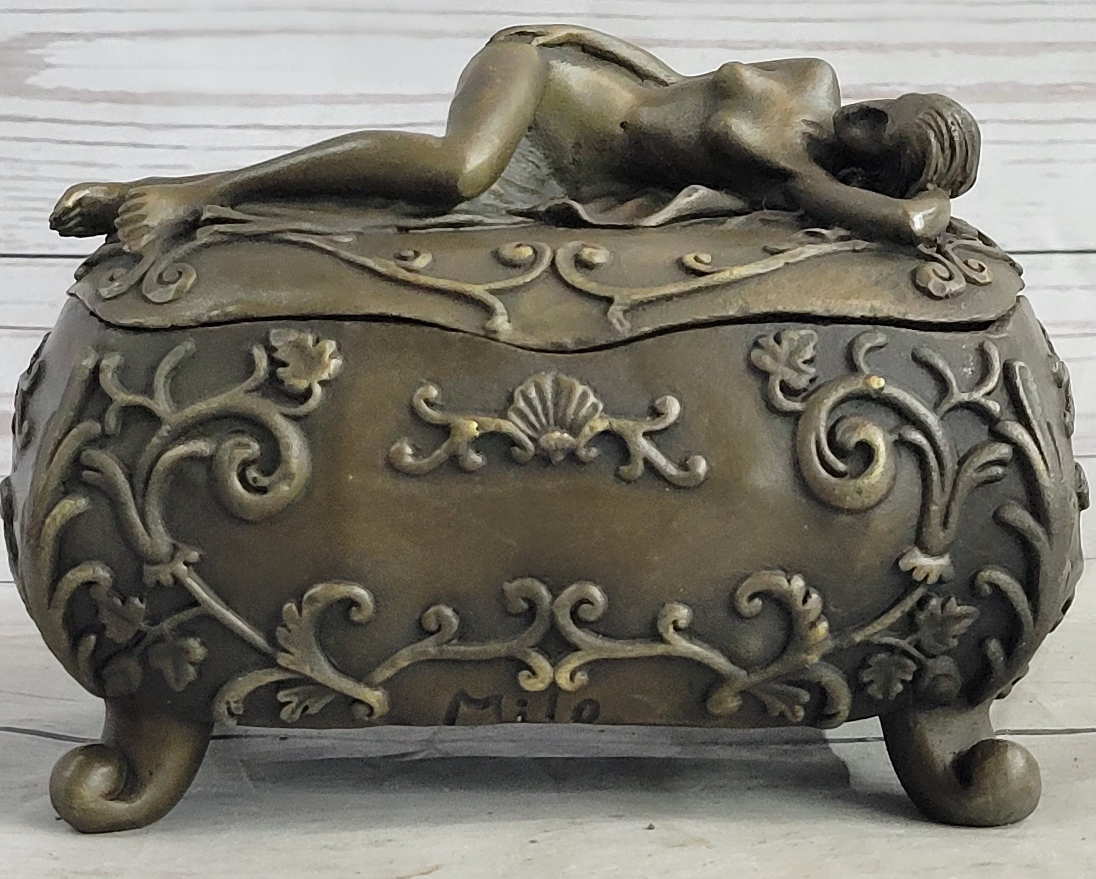 Nude Female Figure on Trinket Jewelry Box Sculpture Signed