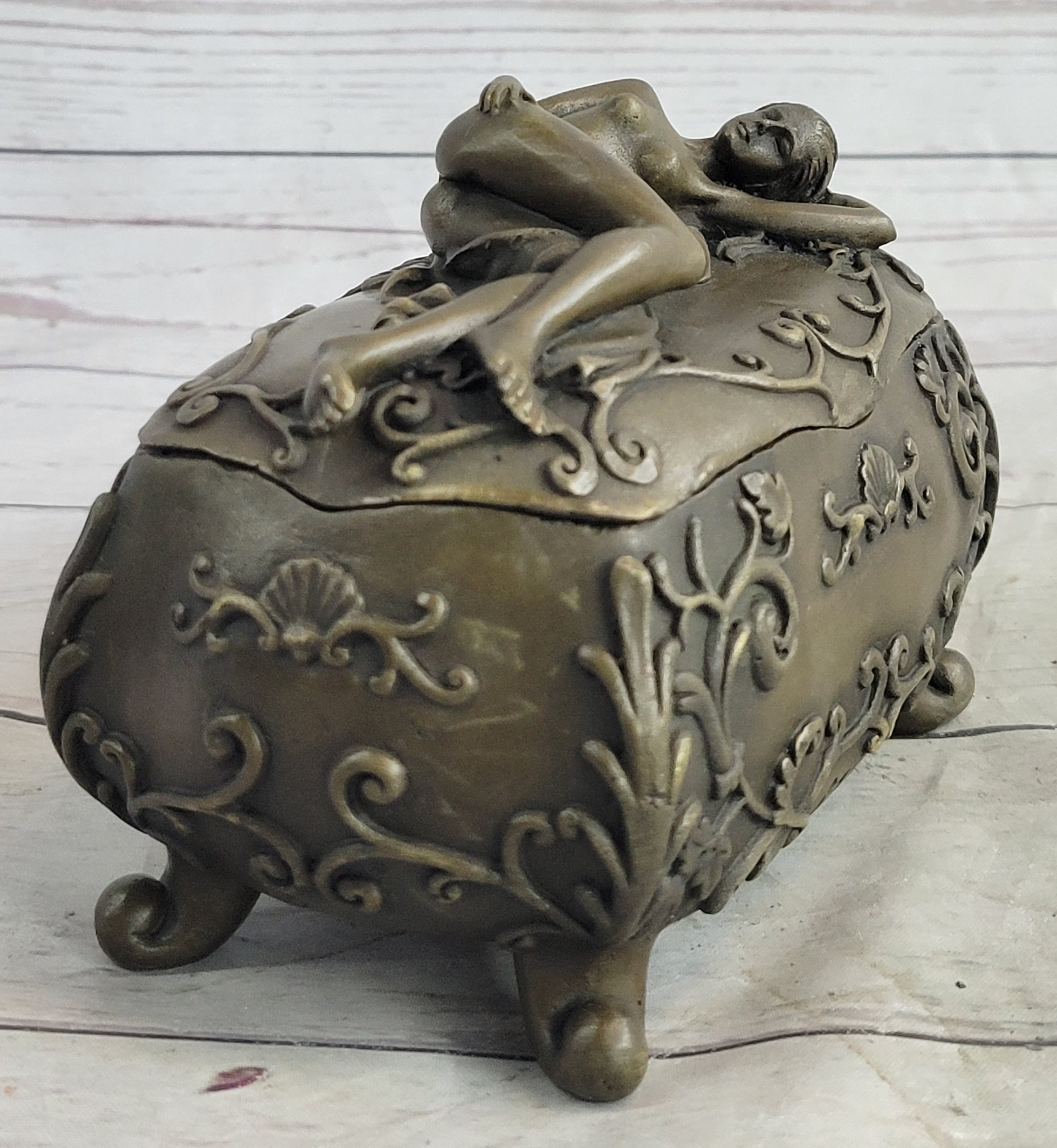 Nude Female Figure on Trinket Jewelry Box Sculpture Signed