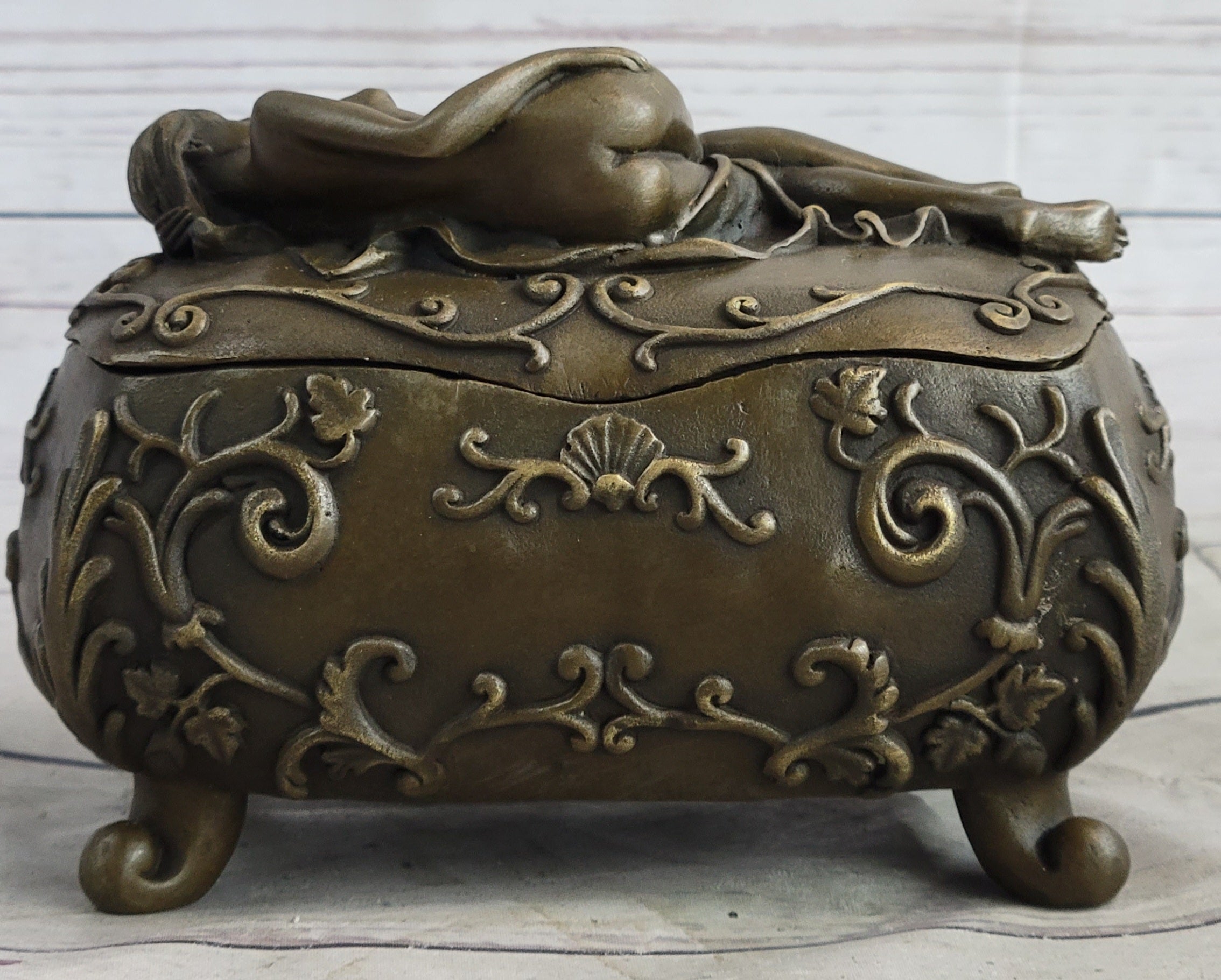 Nude Female Figure on Trinket Jewelry Box Sculpture Signed
