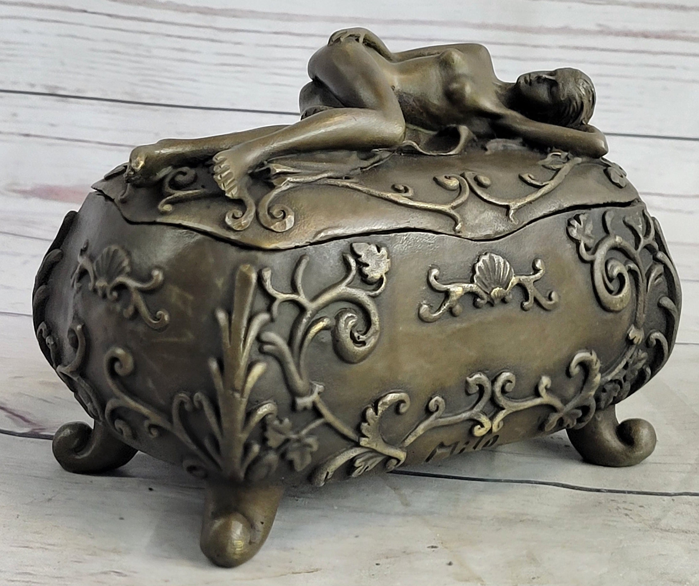 Nude Female Figure on Trinket Jewelry Box Sculpture Signed