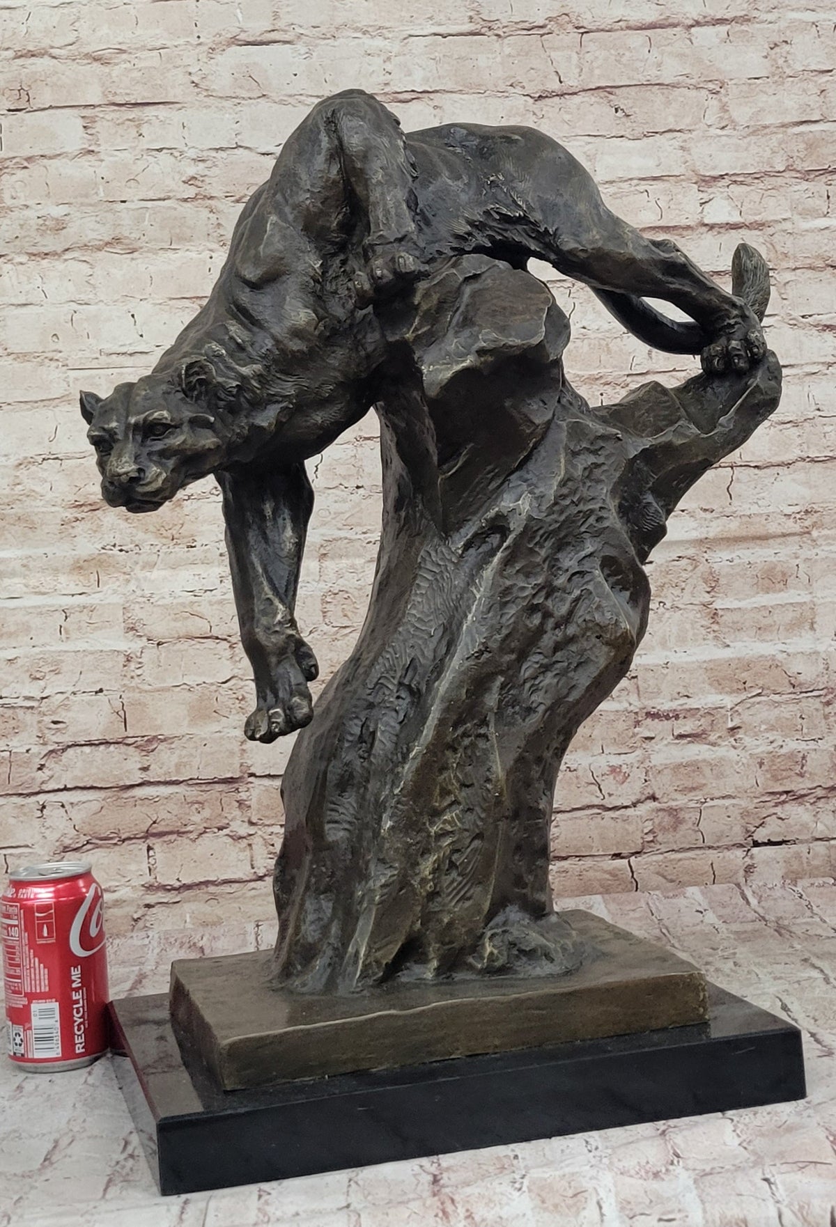 Mountain Lion Climbing Down Tree Bronze Metal Sculpture