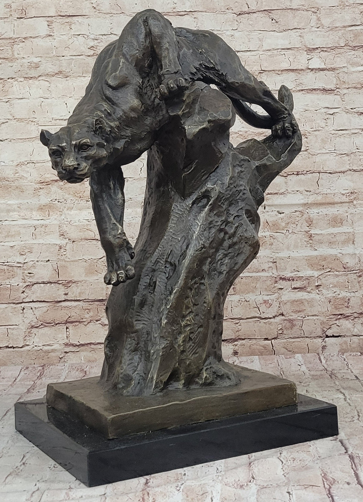 Mountain Lion Climbing Down Tree Bronze Metal Sculpture