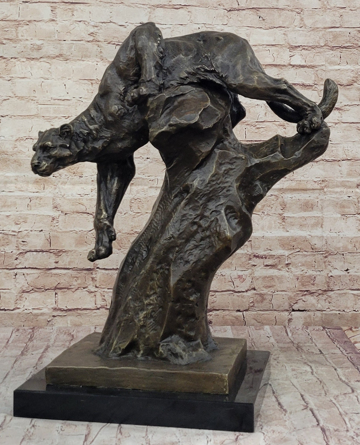 Mountain Lion Climbing Down Tree Bronze Metal Sculpture