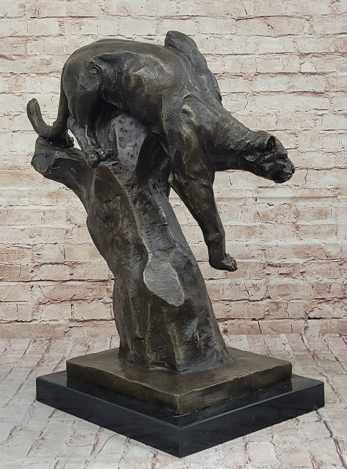 Mountain Lion Climbing Down Tree Bronze Metal Sculpture