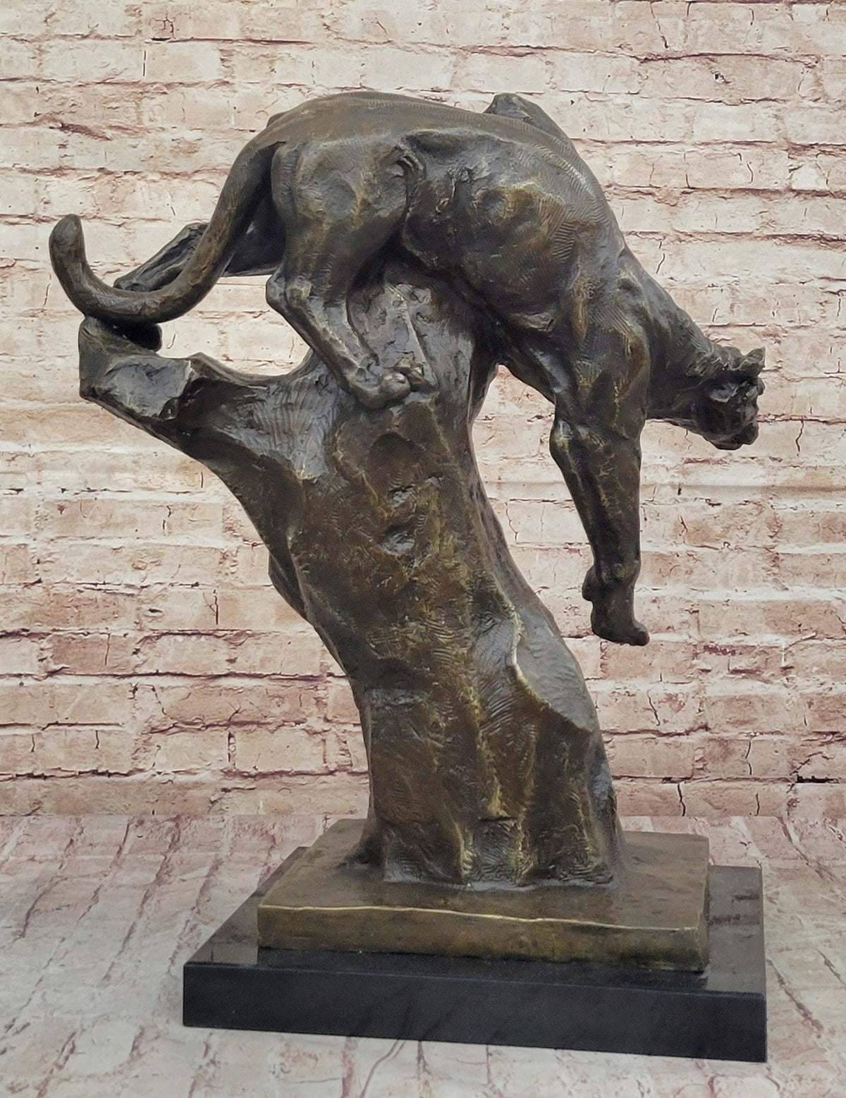 Mountain Lion Climbing Down Tree Bronze Metal Sculpture