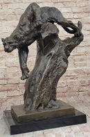 Mountain Lion Climbing Down Tree Bronze Metal Sculpture