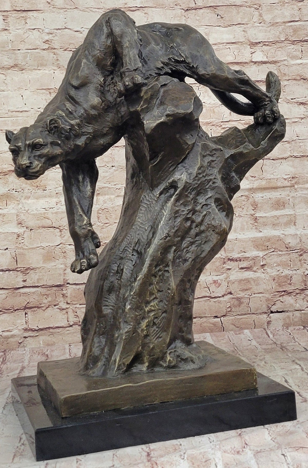 Mountain Lion Climbing Down Tree Bronze Metal Sculpture