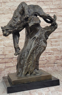 Mountain Lion Climbing Down Tree Bronze Metal Sculpture