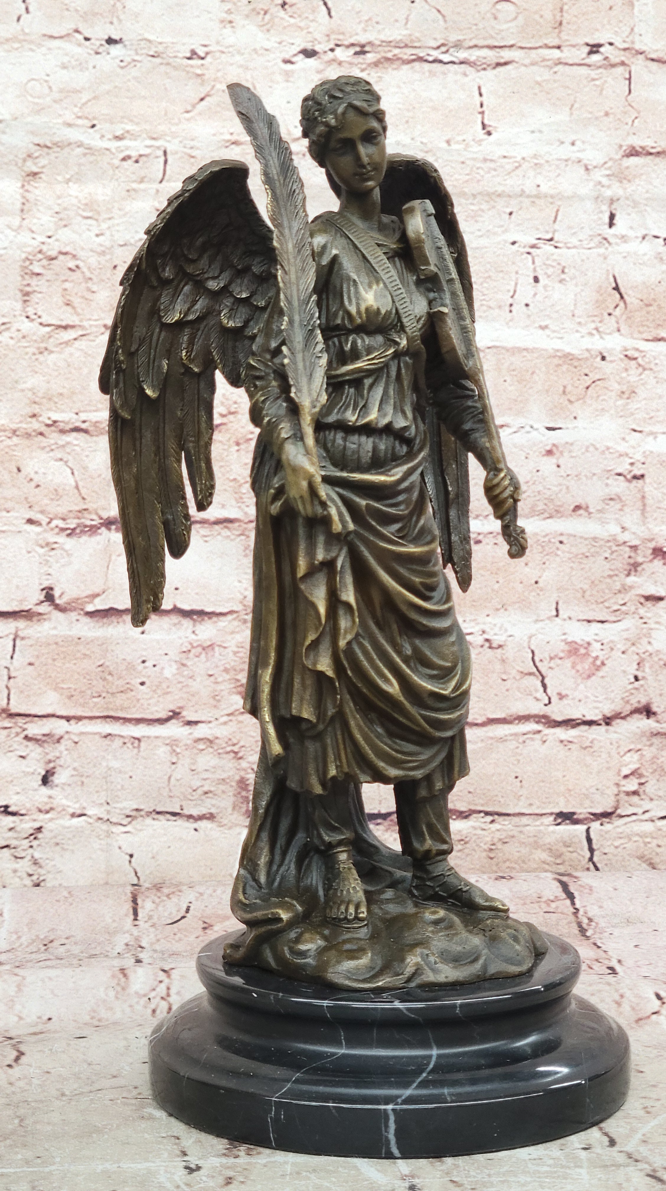 Bronze Angel with Violin Sculpture on Marble Base