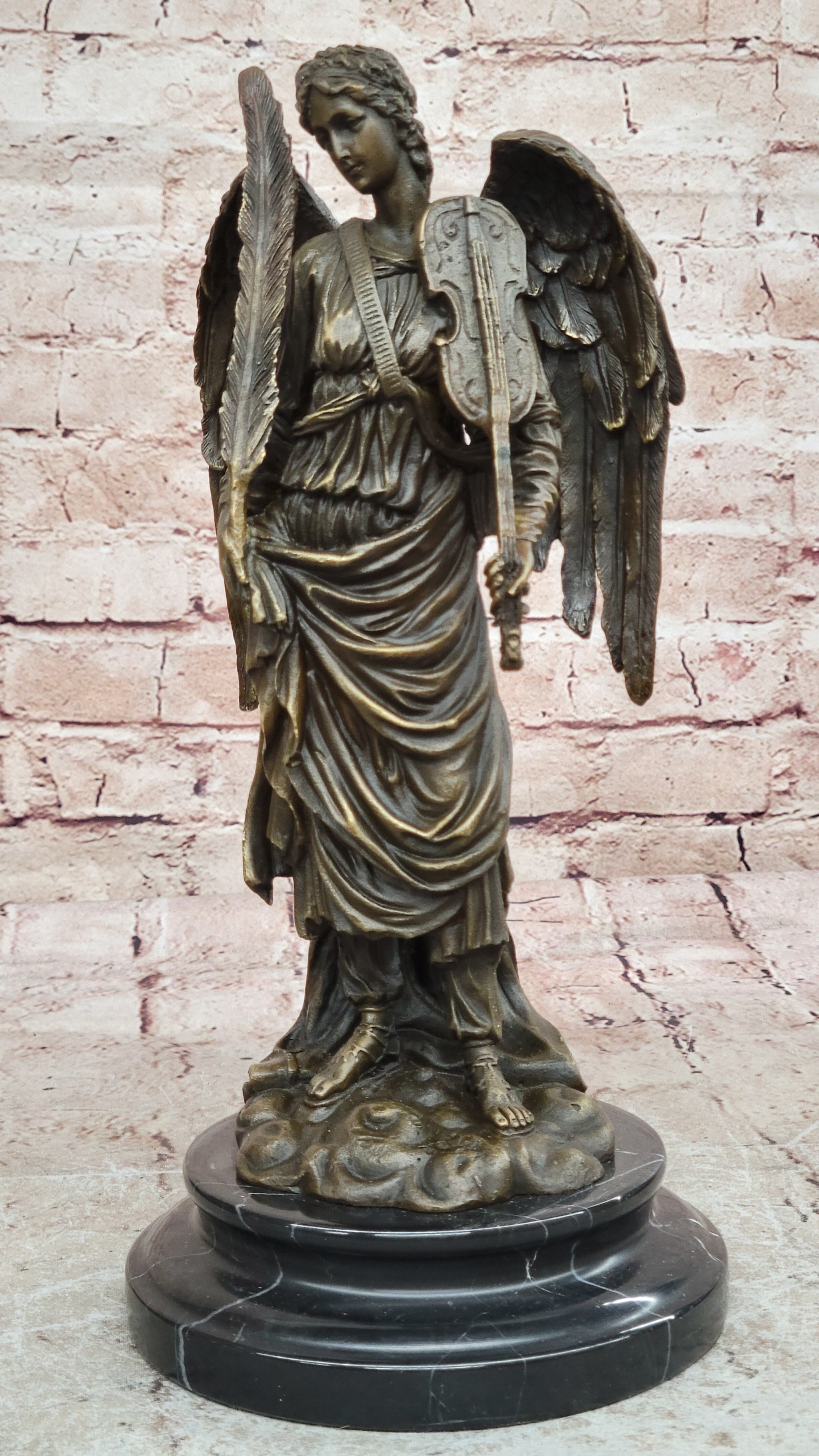 Bronze Angel with Violin Sculpture on Marble Base