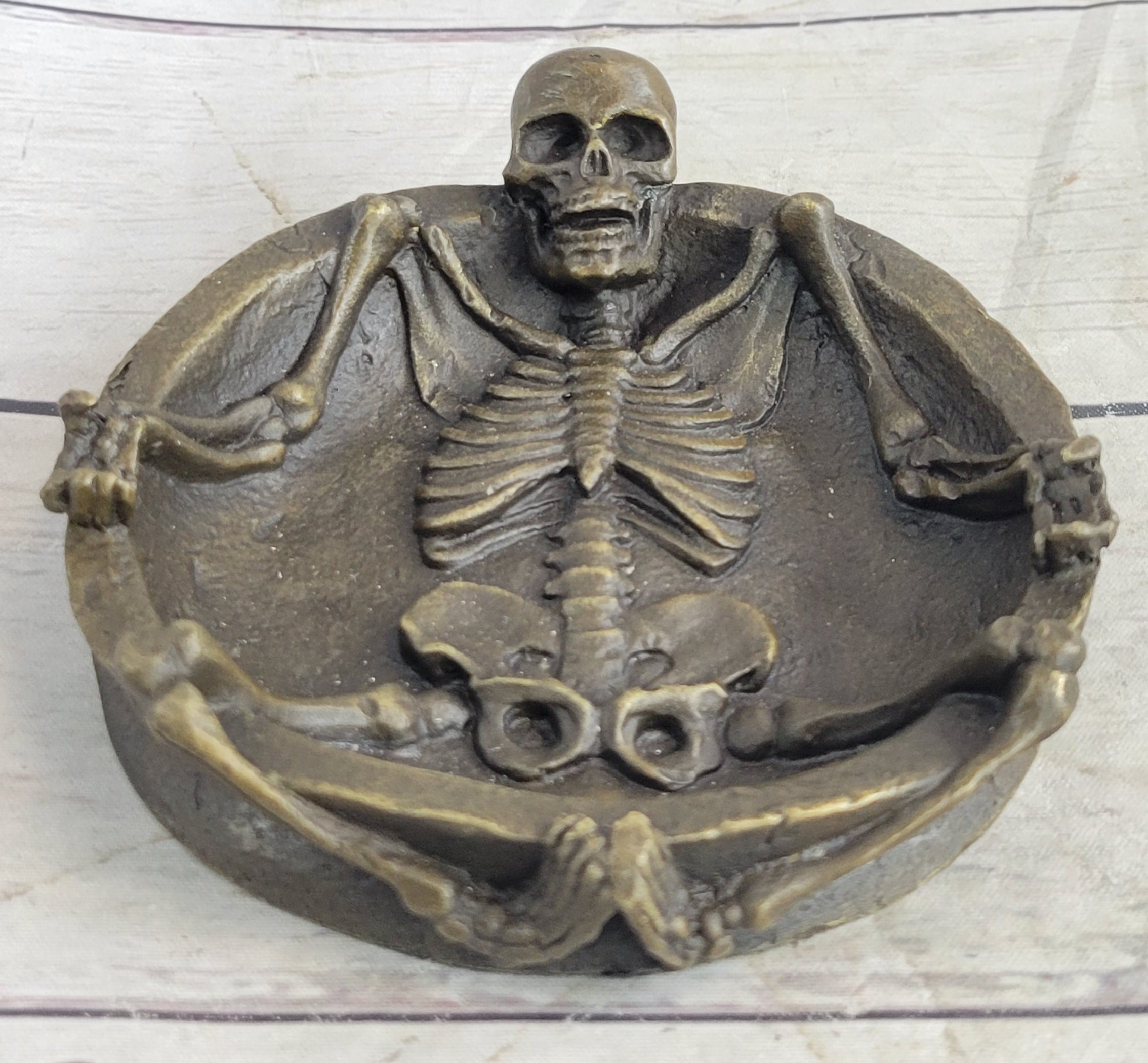 Bronze Skeleton Ashtray Sculpture Gothic Collectible Art