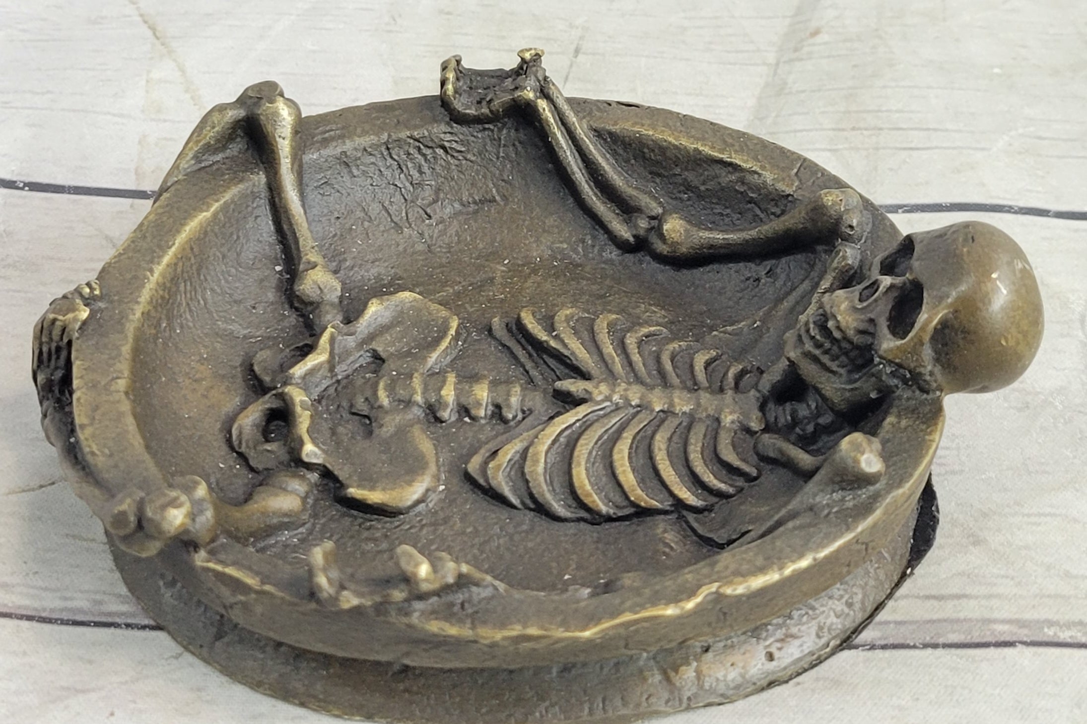 Bronze Skeleton Ashtray Sculpture Gothic Collectible Art