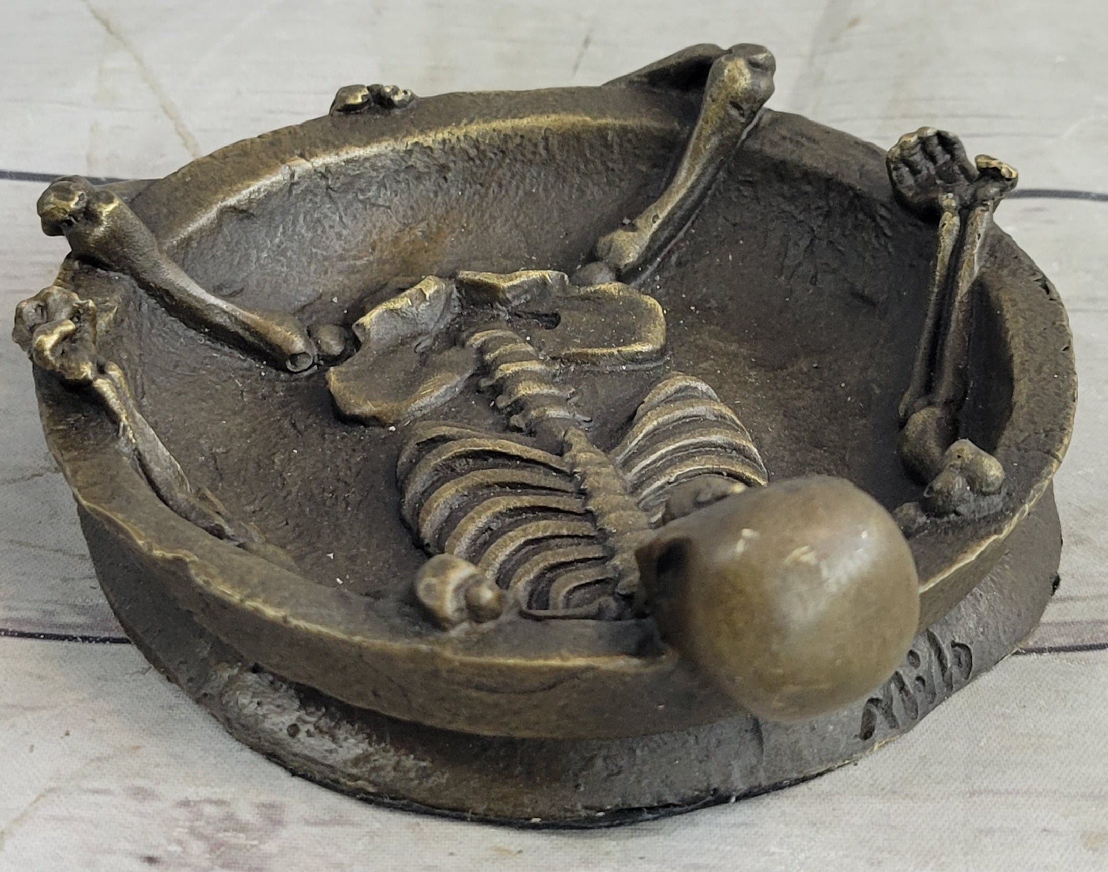 Bronze Skeleton Ashtray Sculpture Gothic Collectible Art