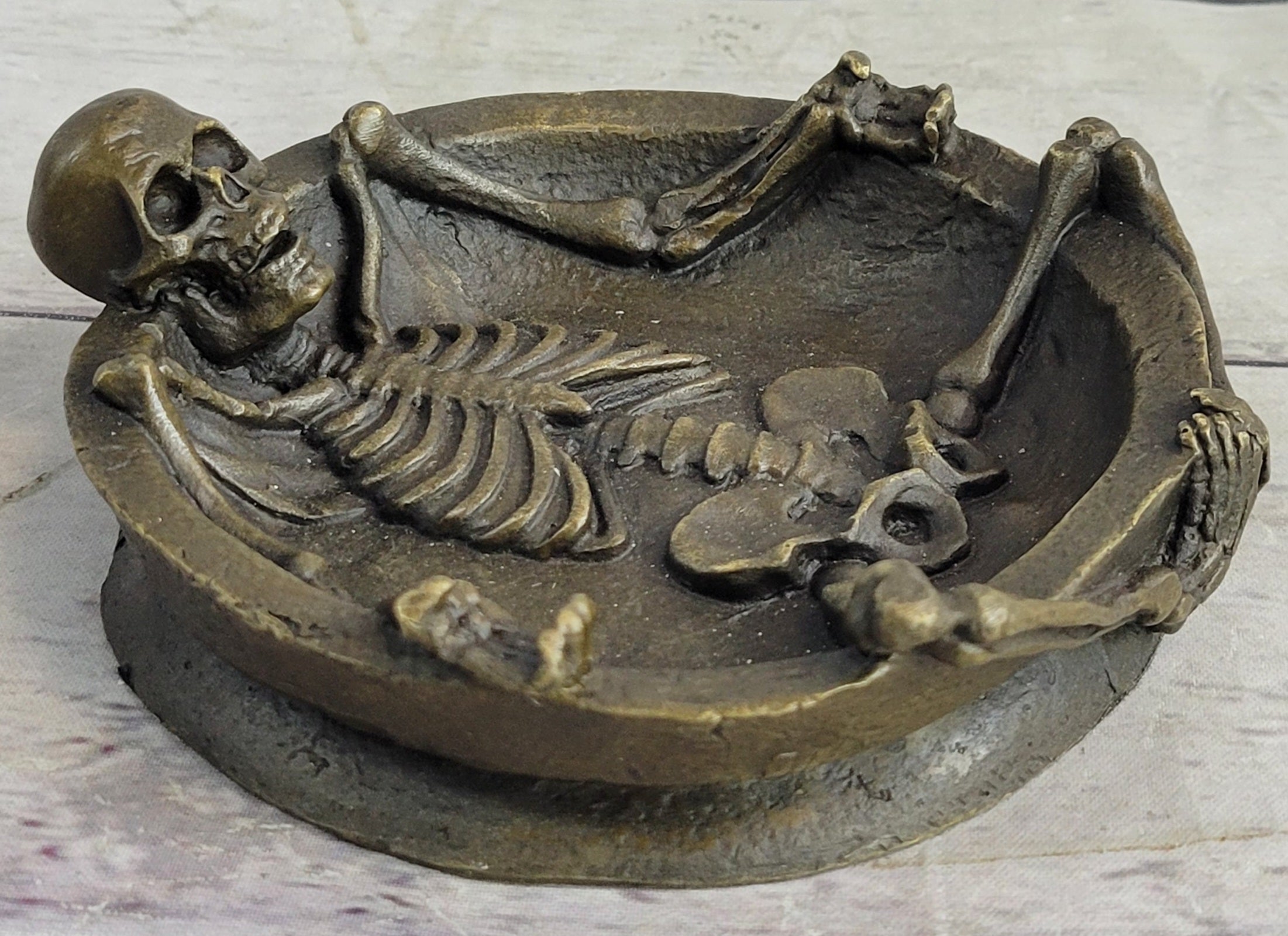 Bronze Skeleton Ashtray Sculpture Gothic Collectible Art