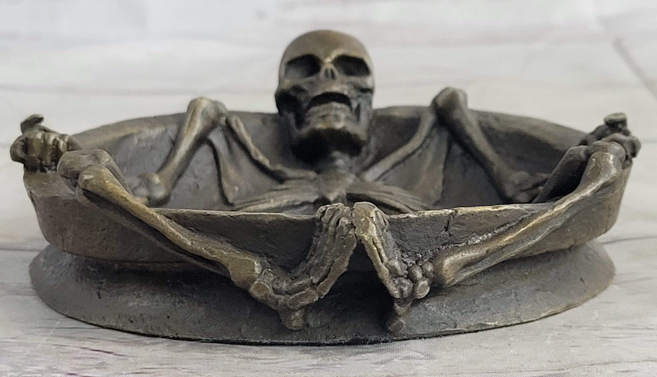 Bronze Skeleton Ashtray Sculpture Gothic Collectible Art