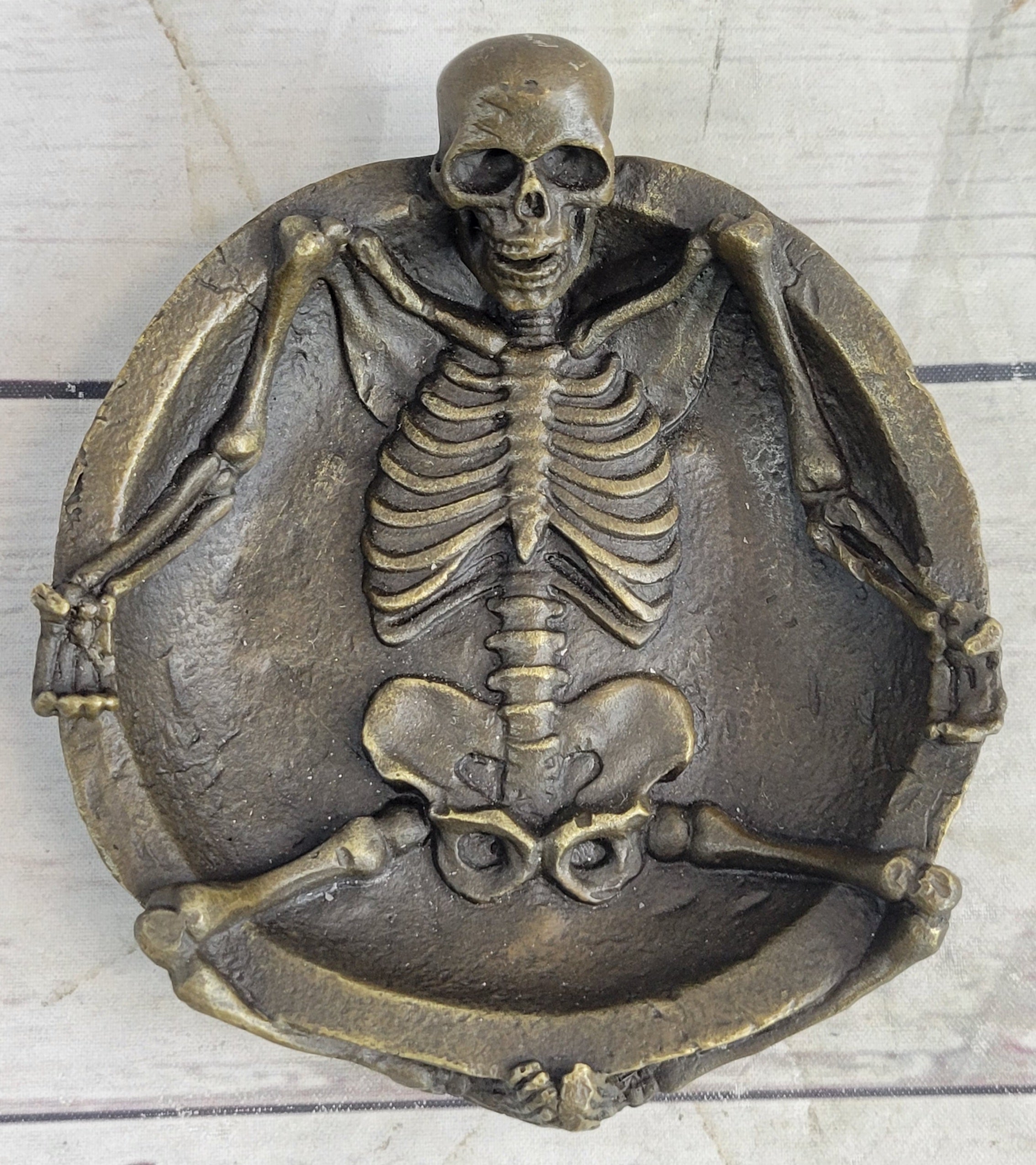 Bronze Skeleton Ashtray Sculpture Gothic Collectible Art