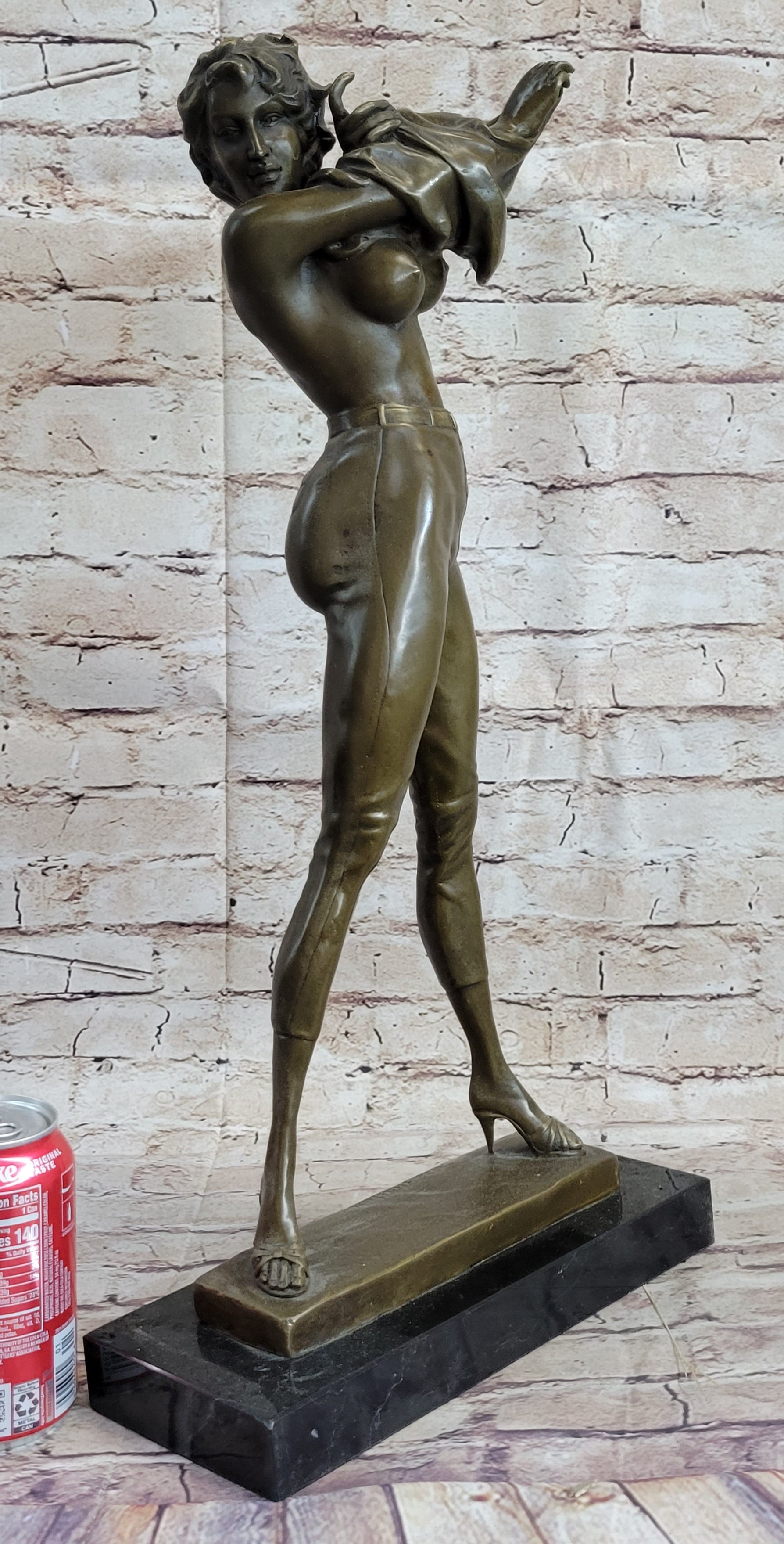 Hot Cast Bronze Semi Nude Figure of Sexy Girl Removing Her Top by Aldo Vitaleh