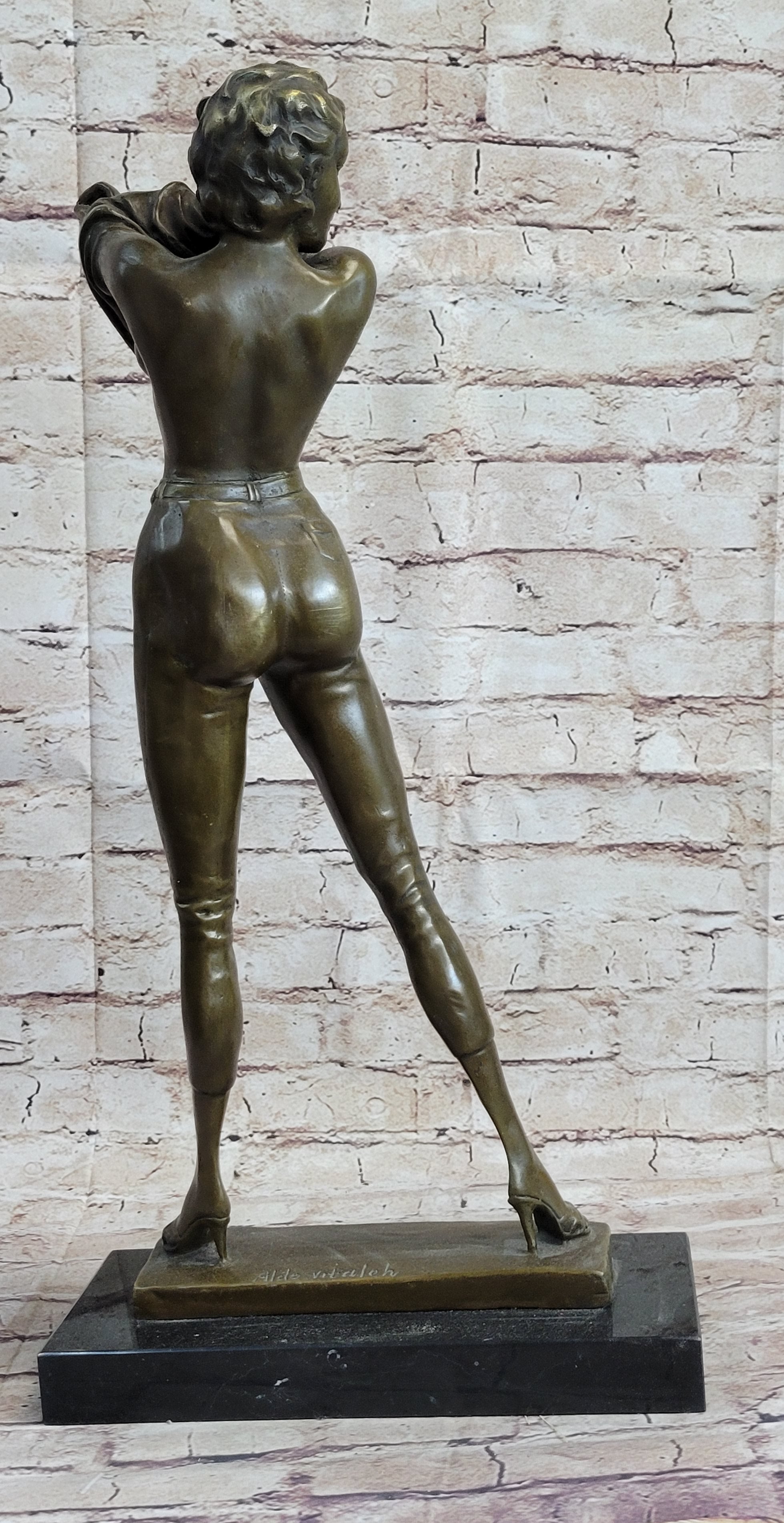Hot Cast Bronze Semi Nude Figure of Sexy Girl Removing Her Top by Aldo Vitaleh