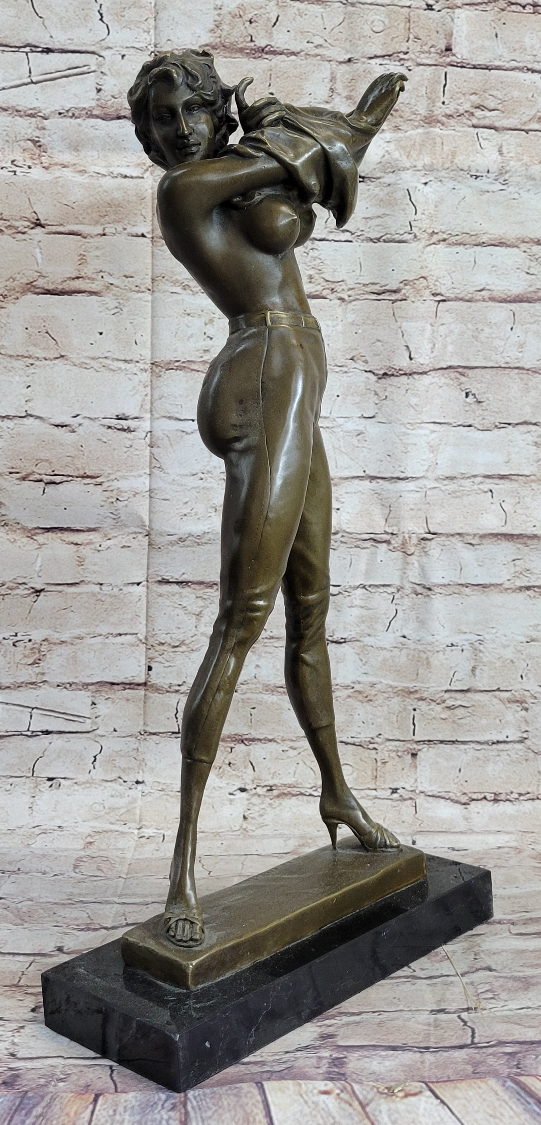 Hot Cast Bronze Semi Nude Figure of Sexy Girl Removing Her Top by Aldo Vitaleh