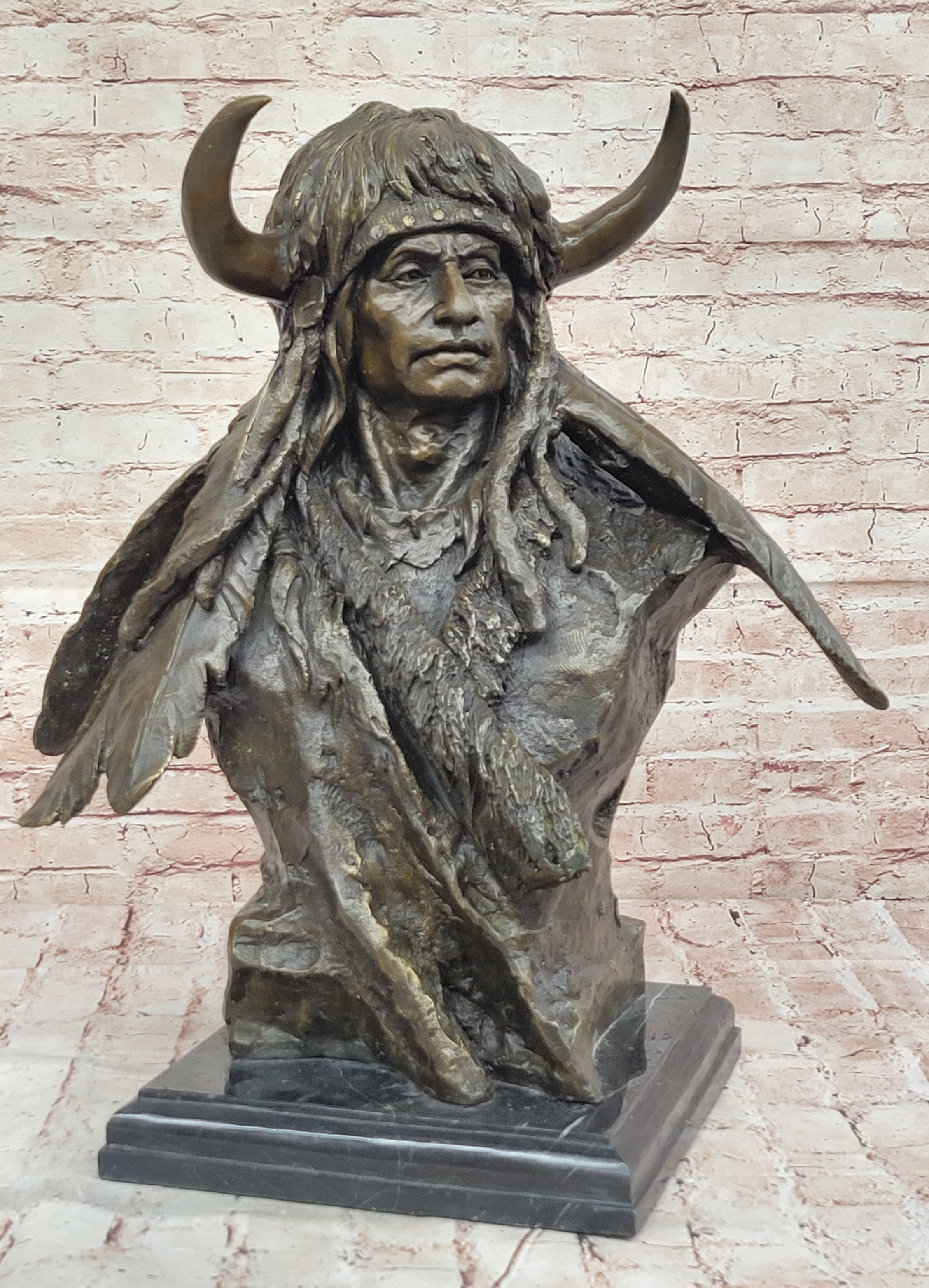 Bronze Native American Warrior Bust – Tribal Chief on Marble