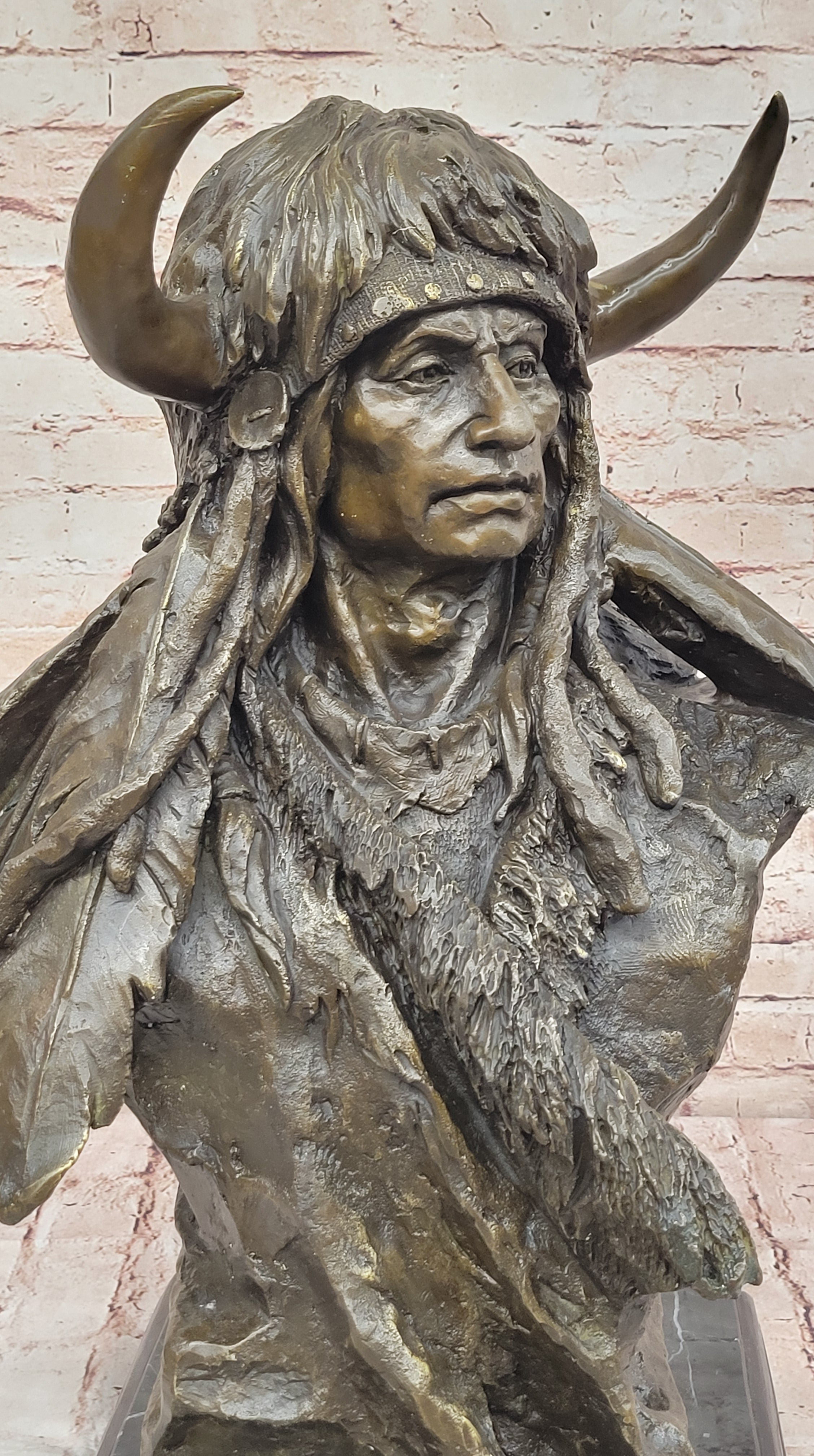 Bronze Native American Warrior Bust – Tribal Chief on Marble