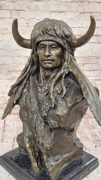Bronze Native American Warrior Bust – Tribal Chief on Marble