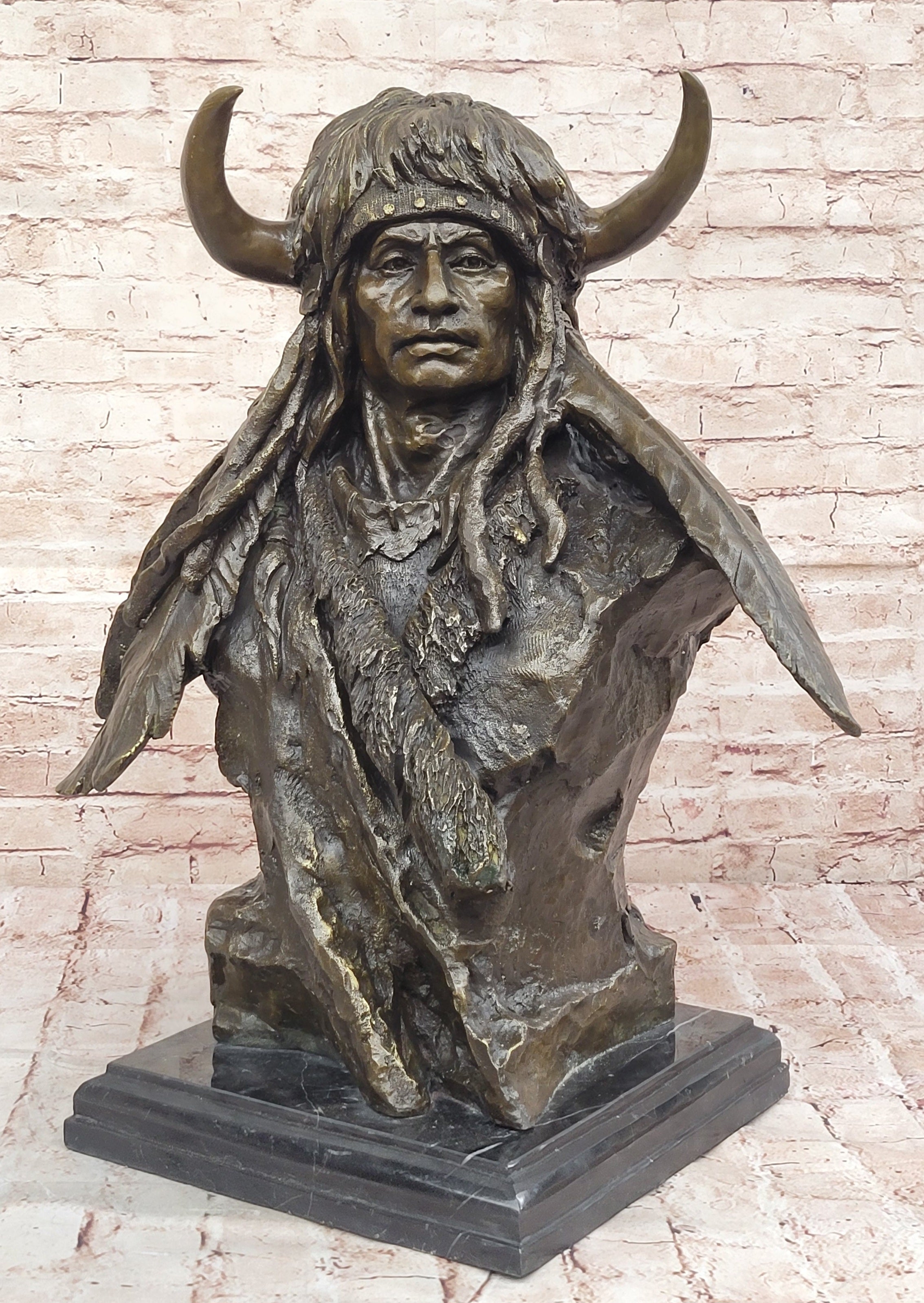 Bronze Native American Warrior Bust – Tribal Chief on Marble