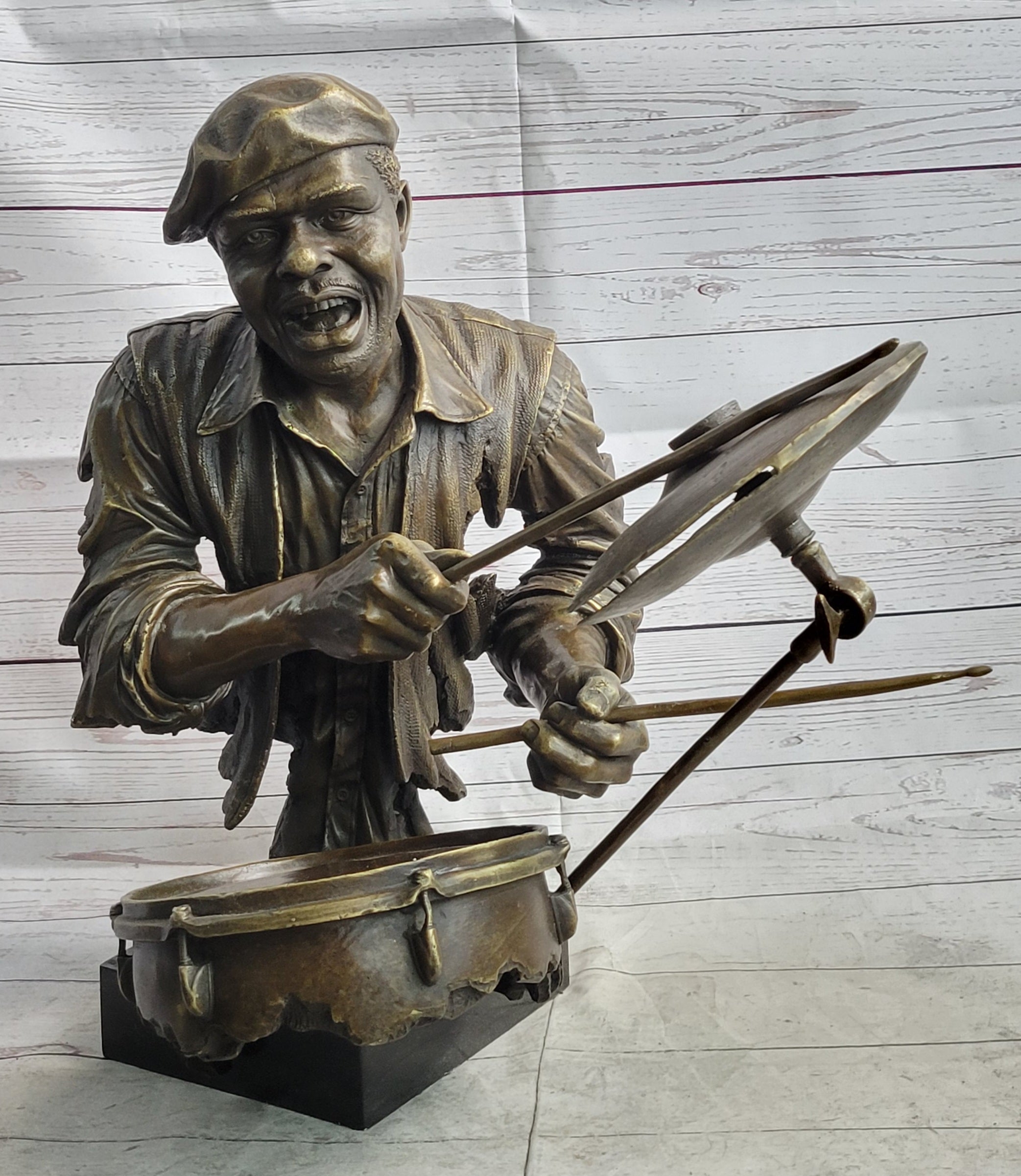 African Drummer Black Musician Bronze Sculpture Marble Base