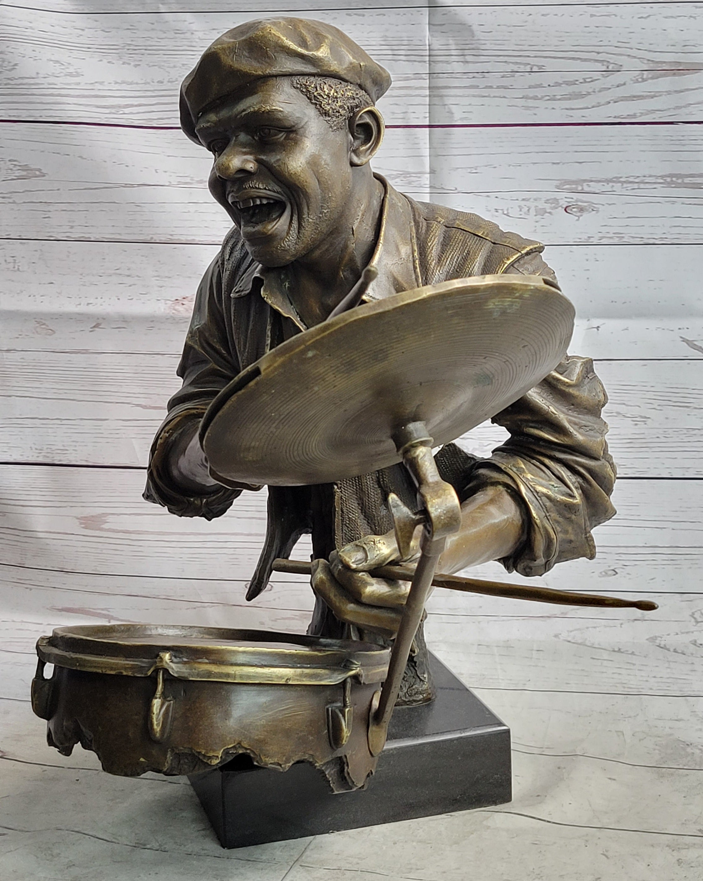 African Drummer Black Musician Bronze Sculpture Marble Base
