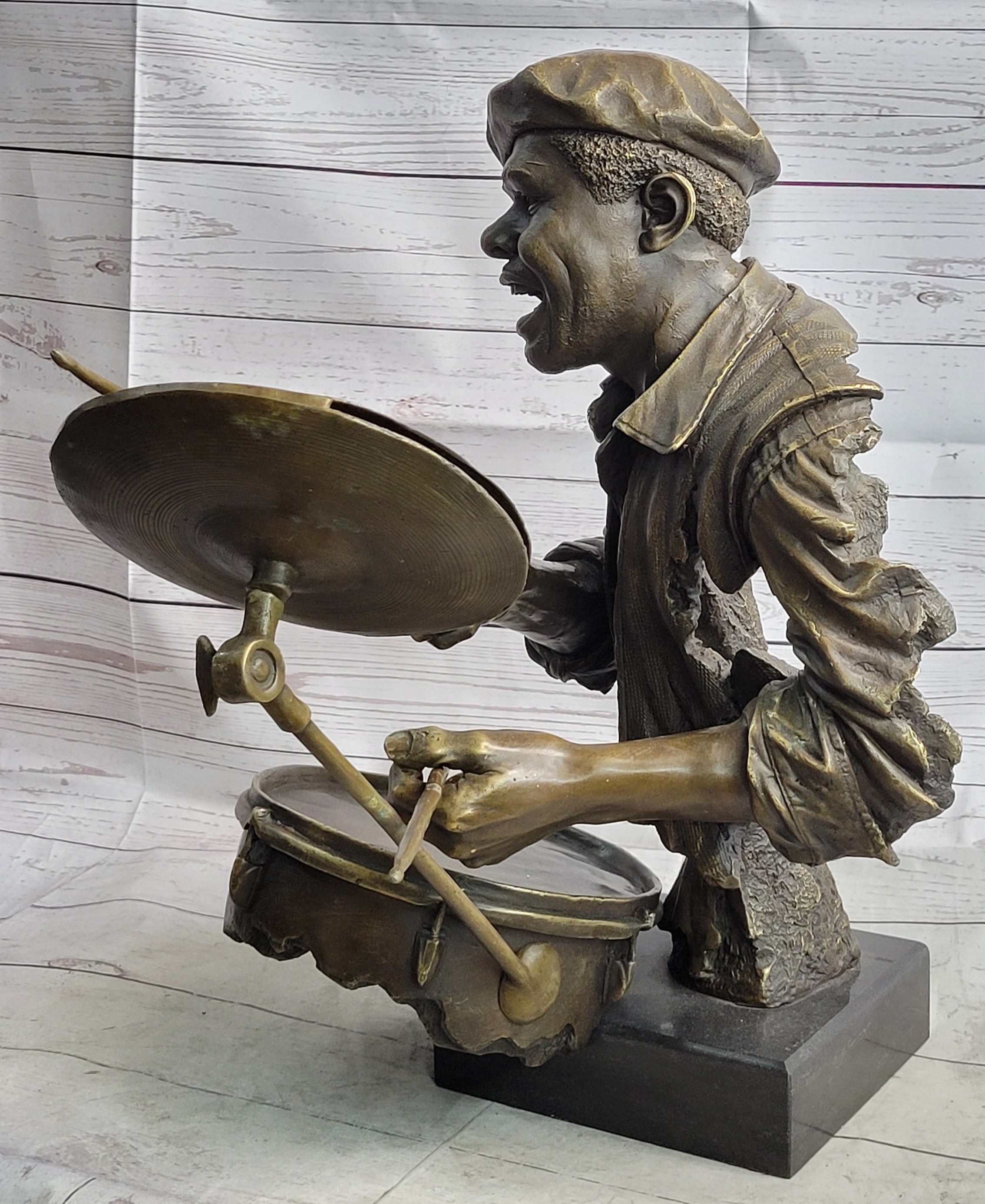 African Drummer Black Musician Bronze Sculpture Marble Base