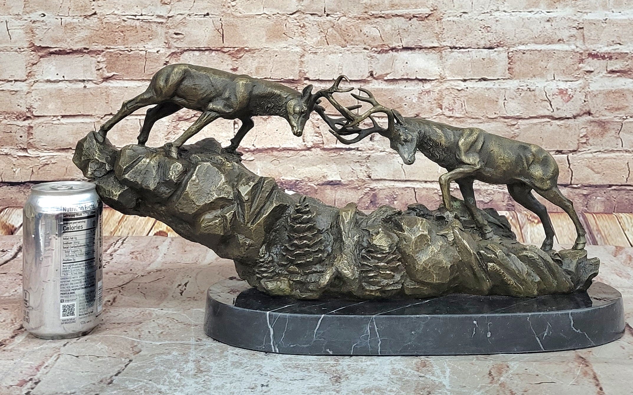Elk Caribou Deer Stag Duel Fight Bronze Sculpture on Marble Base