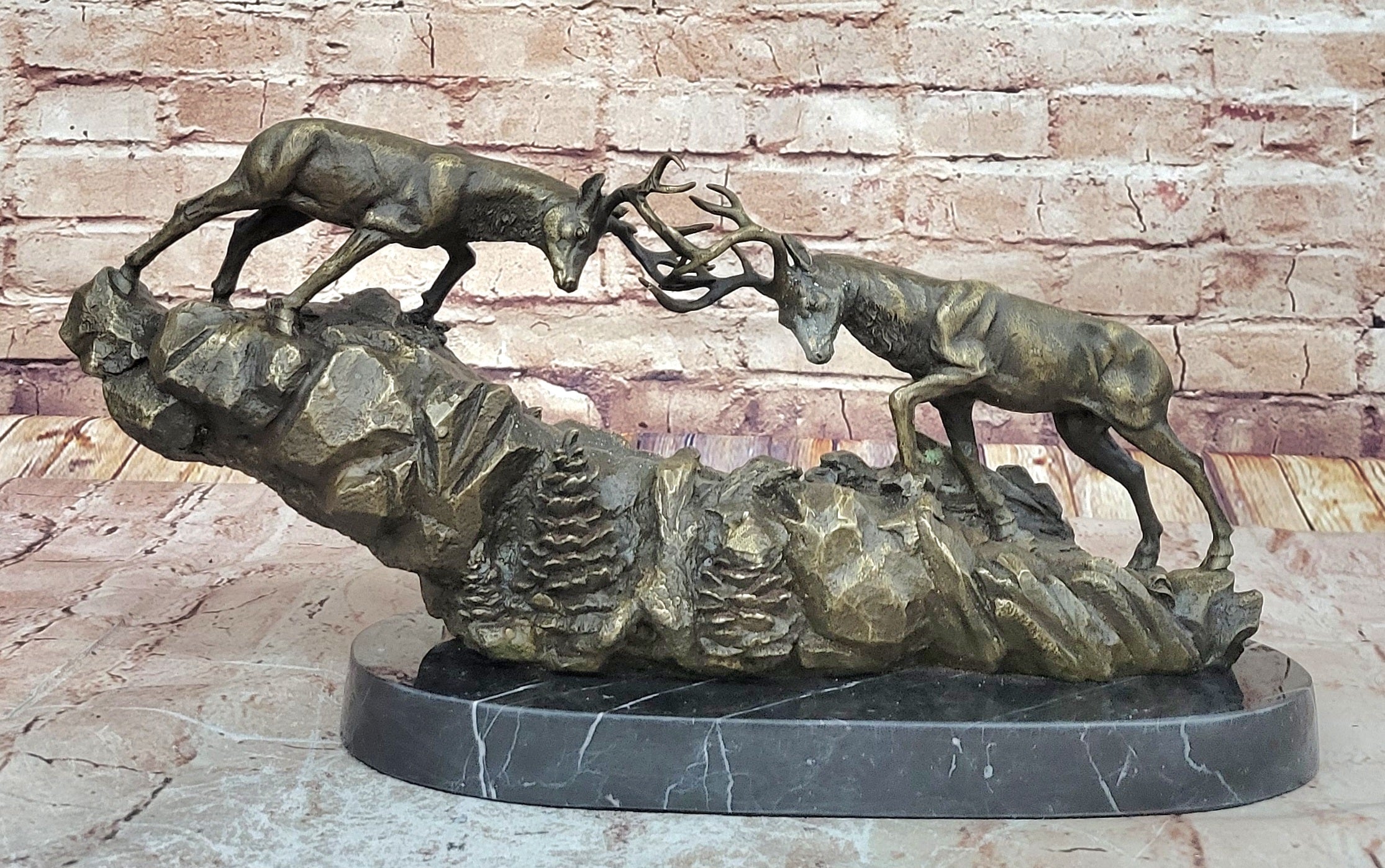 Elk Caribou Deer Stag Duel Fight Bronze Sculpture on Marble Base