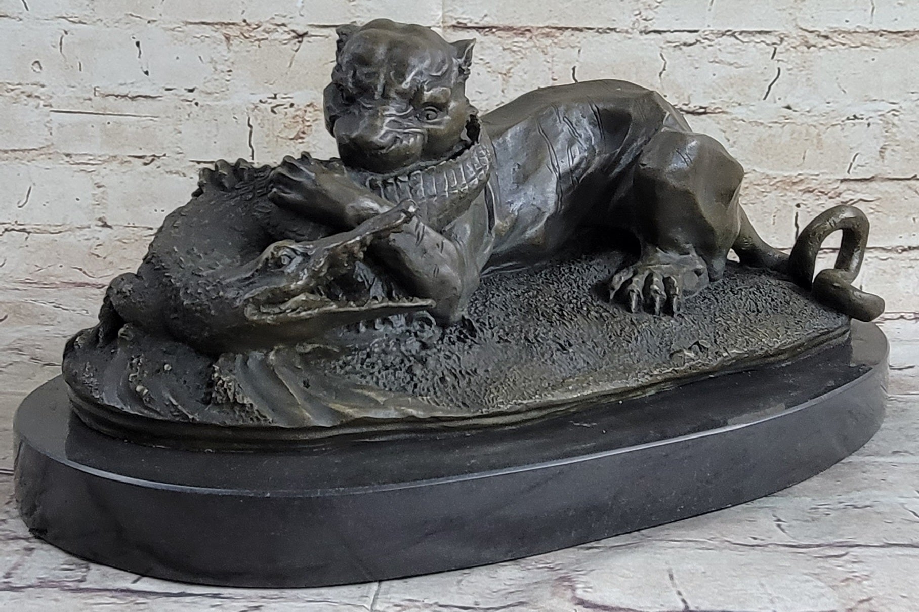 Panther Puma Mountain Lion vs. Alligator Bronze Sculpture