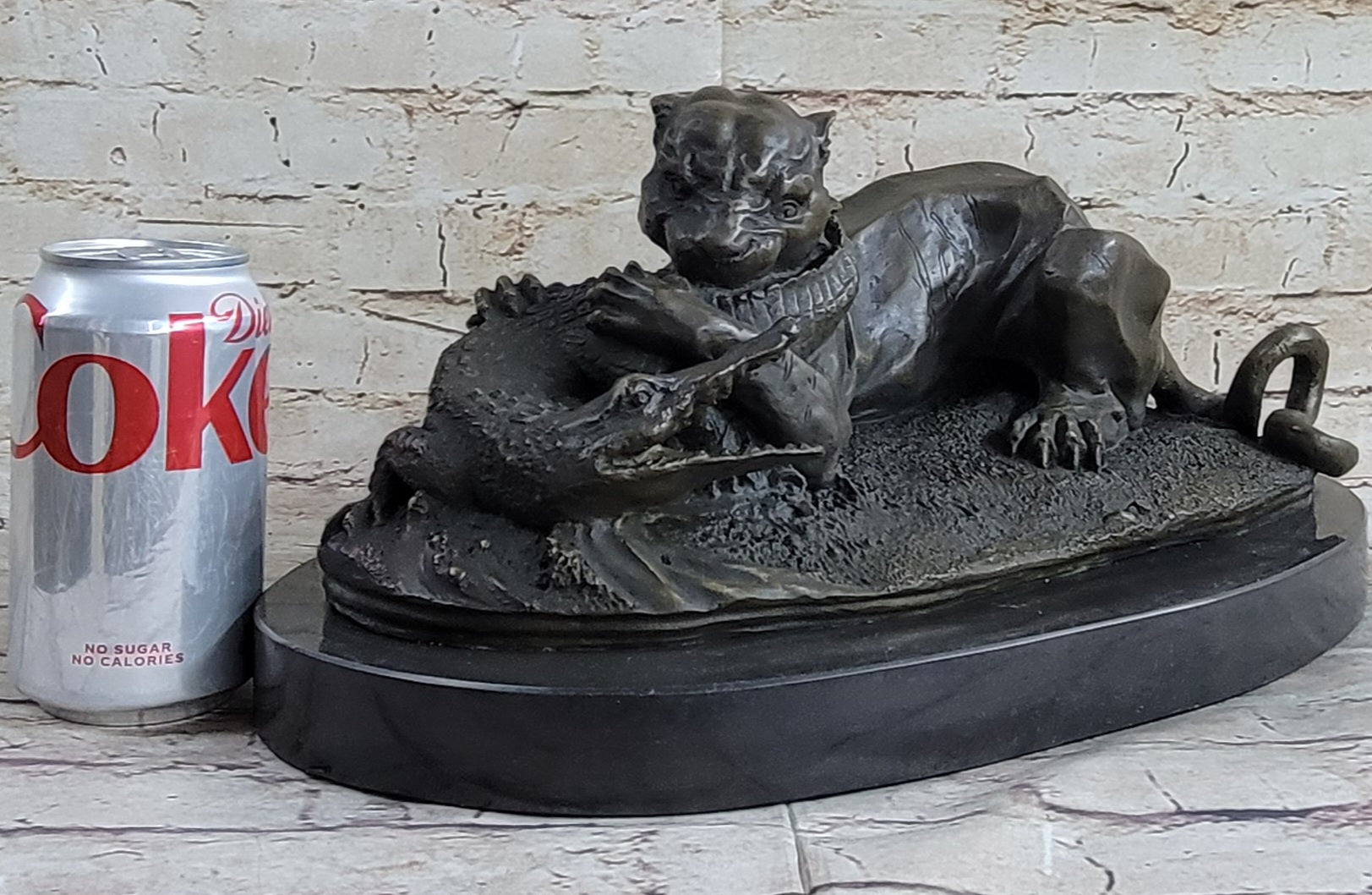 Panther Puma Mountain Lion vs. Alligator Bronze Sculpture